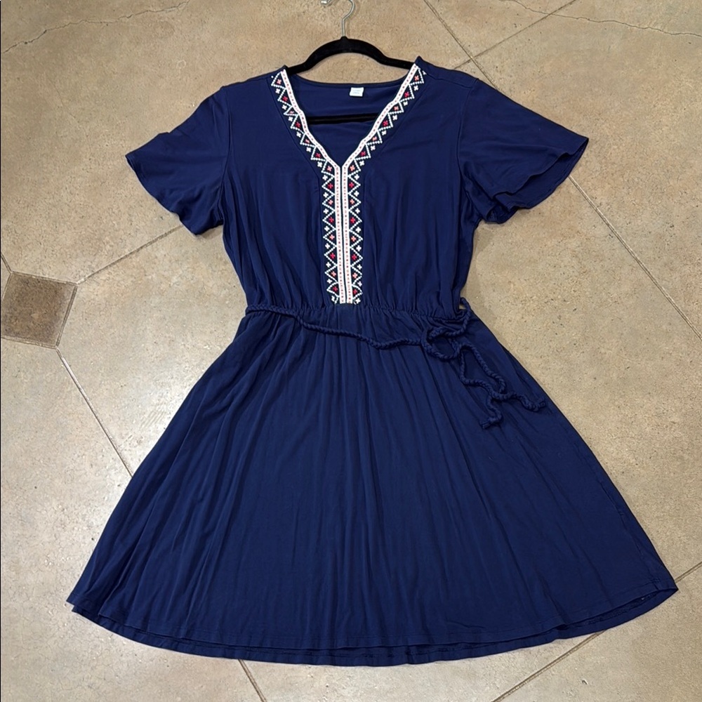 Navy Dress with Embroidered V-Neck